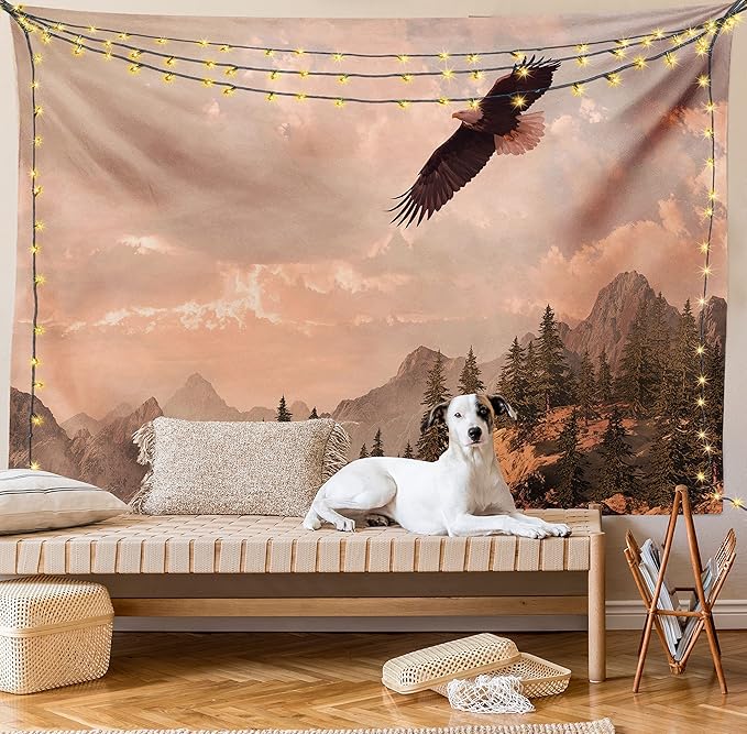 Ambesonne Eagle Tapestry Twin Size, Nature Photography of Rocky Mountains and Forest a Bird Flying over It, Wall Hanging Bedspread Bed Cover Wall Decor, 68" X 88", Rose Green
