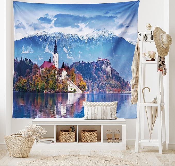 Ambesonne Landscape Tapestry, Photo of Bled in Slovenia with Lake Snowy Mountains and a Castle Pastoral Scenery, Fabric Wall Hanging Decor for Bedroom Living Room Dorm, 30" X 45", Blue Lavender