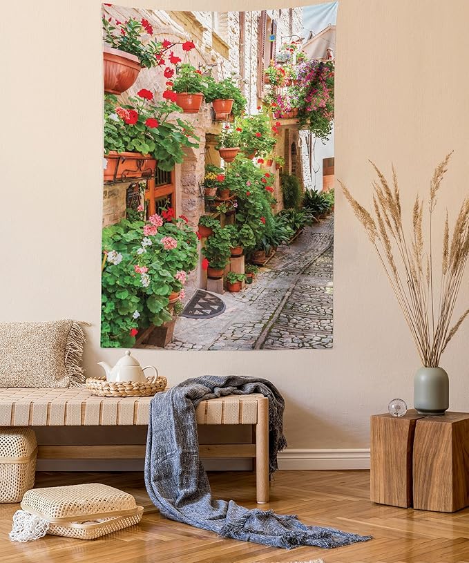 Ambesonne Italian Tapestry, Street View of a Small Renaissance Town with Floral Porches and Rock Mediterranean, Fabric Wall Hanging Decor for Bedroom Living Room Dorm, 23" X 28", Pale Brown