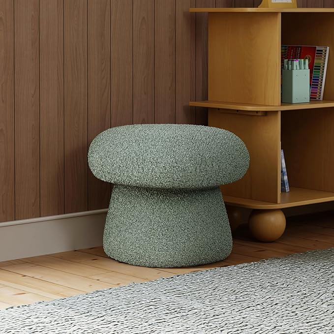 Babyletto Kids Mushroom Pouf - Ottoman Foot Rest - Poofy Plush Teddy Loop Round Footrest Stool for Couch - GREENGUARD Certified Soft & Stuffed, Comfy Pouf Ottoman for Living Room & Nursery Floor, Sage