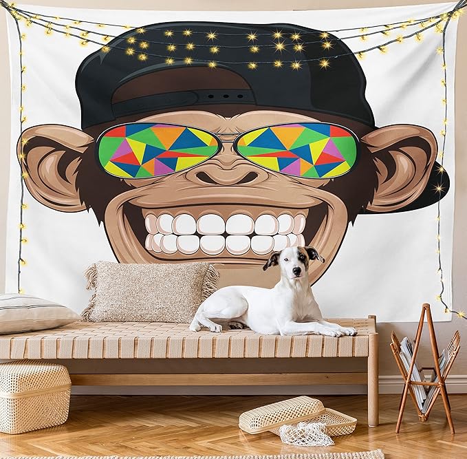 Ambesonne Cartoon Tapestry, Fun Hipster Monkey with Colorful Sunglasses and Hat Rapper Hippie Ape Art, Fabric Wall Hanging Decor for Bedroom Living Room Dorm, 30" X 45", White Brown