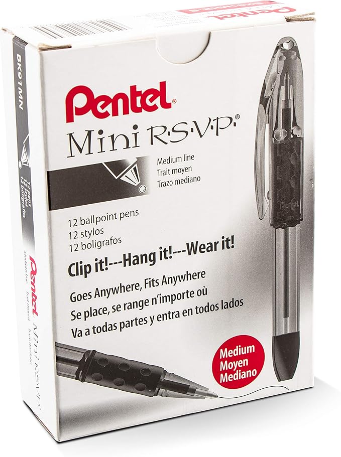 Pentel RSVP Mini Ballpoint Pen, (1.0mm) Medium Line, Red Ink, 12 pack (BK91MNB-B)