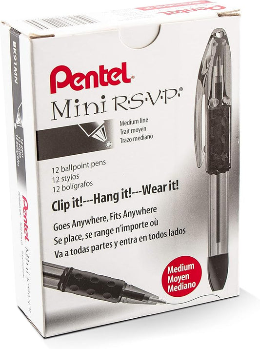 Pentel RSVP Mini Ballpoint Pen, (1.0mm) Medium Line, Red Ink, 12 pack (BK91MNB-B)