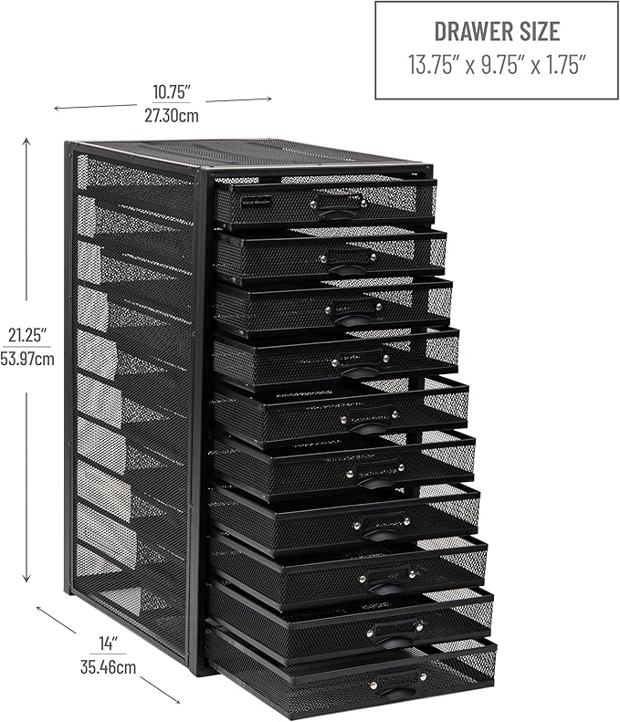 Mind Reader 10-Drawer Desk Organizer for Office Supplies, Crafts, Mail Sorting & More, Metal Mesh, 10.75"L x 14"W x 21.25"H, Black