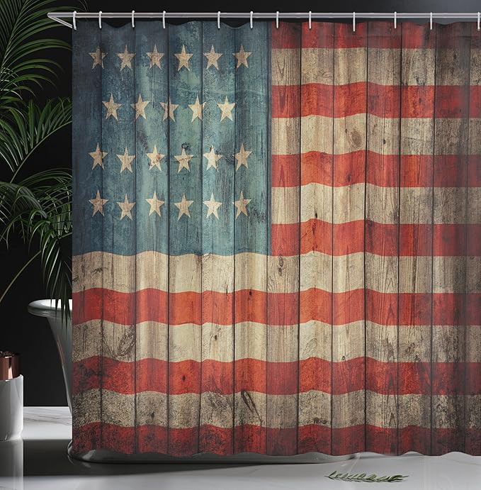 Ambesonne USA Shower Curtain, Fourth of July Independence Day Painted Old Wooden Rustic Background Patriot, Cloth Fabric Bathroom Decor Set with Hooks, 69" W x 75" L, Blue Red