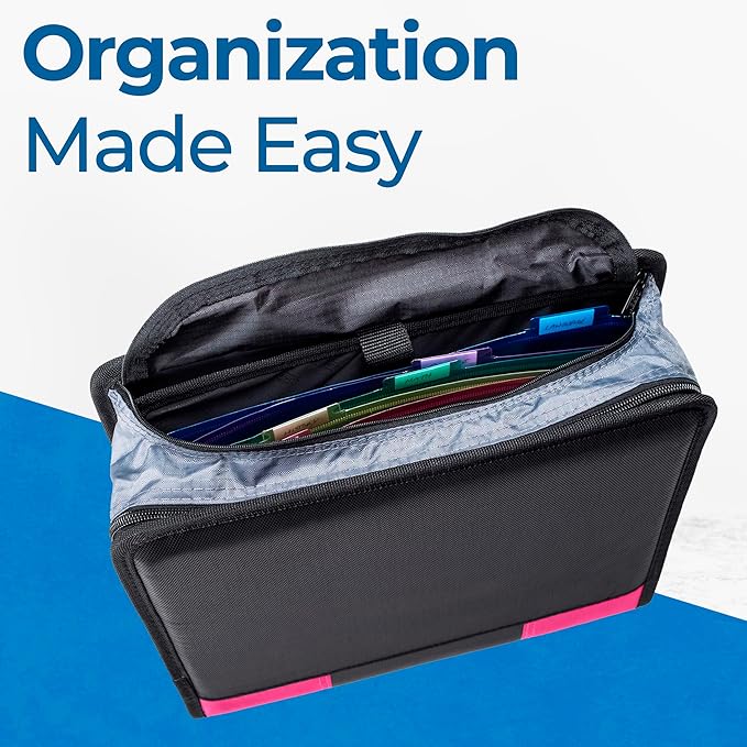 Case-it The Dual 2.0 2-in-1 Zipper Binder | Two 2-Inch D-Rings, 700 Sheet Capacity, 5-Subject Expanding File Folder, Multiple Pockets & Storage Organizer, Shoulder Strap | Dual-301 Pink