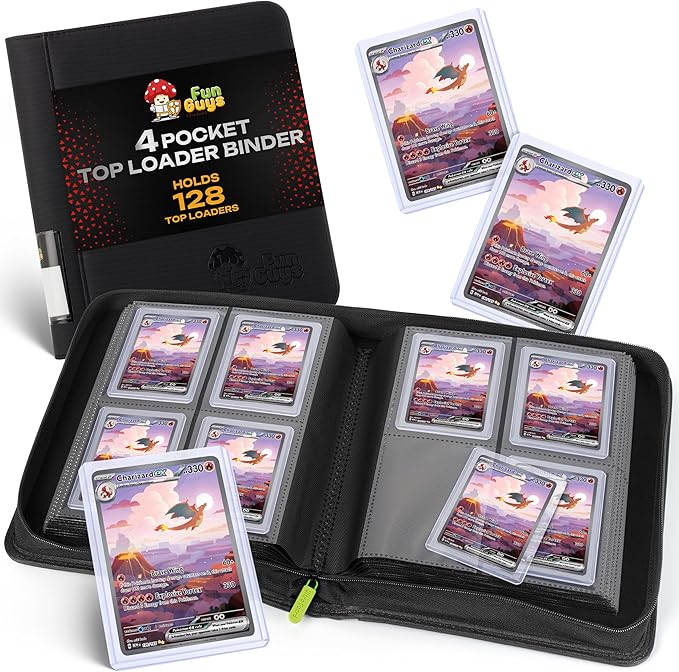 FunGuys Toploader Binder, Trading Card Binder Storage,128 4 Pocket Top Loader Pokemon Binder, Card Collection for Yugioh, MTG, TCG, Card Folders for Trading Cards