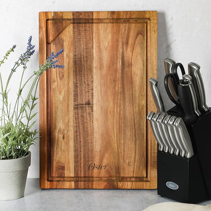 Oster Thornwood 18 x 12 Inch Acacia Wood Cutting Board with Juice Grooves – Durable, Heavy Duty Chopping Board for Kitchen Prep