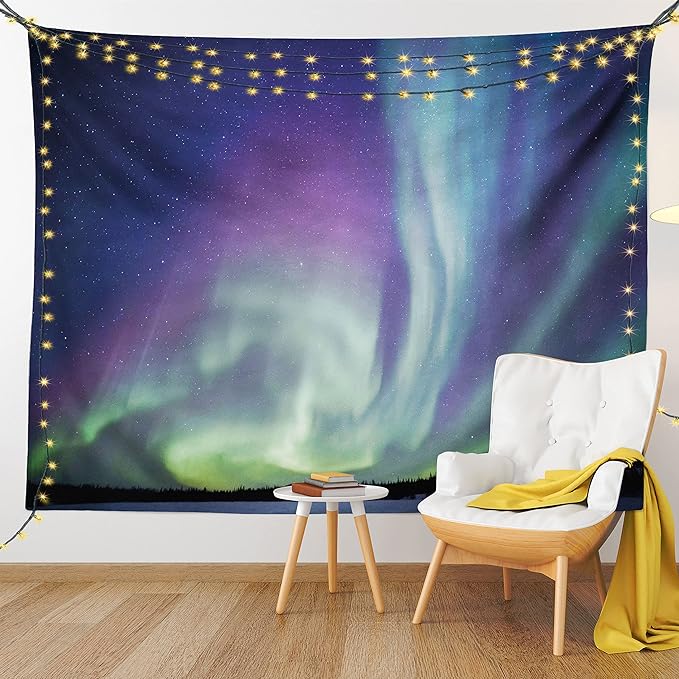 Ambesonne Aurora Borealis Tapestry, Exquisite Atmosphere Solar Starry Sky Calming Night Image, Fabric Wall Hanging Decor for Bedroom Living Room Dorm, 28" X 23", Dark Blue Mint Green