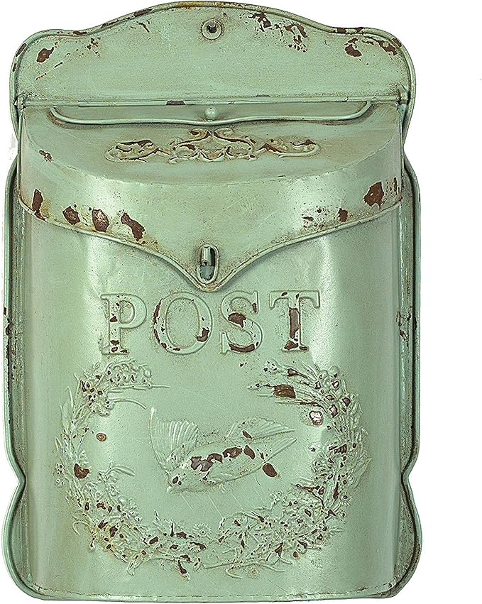 Creative Co-Op Aqua Embossed Tin Post Box with Distressed Finish (Pack of 2)