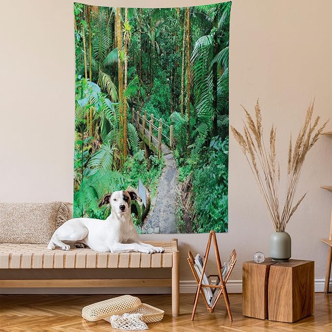 Ambesonne Puerto Rico Tapestry Twin Size, Tropical Rain Forest in San Juan Exotic Jungle Nature Photography, Wall Hanging Bedspread Bed Cover Wall Decor, 68" X 88", Green Pale Brown Ginger