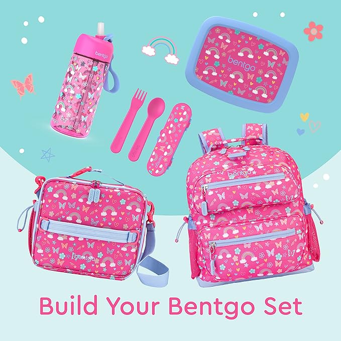 Bentgo® Kids Prints 5-Compartment Bento-Style Kids Lunch Box Set with Reusable Plastic Utensils (Rainbows and Butterflies)