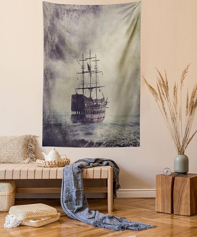 Ambesonne Nautical Tapestry, Old Pirate Ship in the Sea Historical Cruise Retro Voyage Grunge Style Art, Fabric Wall Hanging Decor for Bedroom Living Room Dorm, 30" X 45", Tan Plum