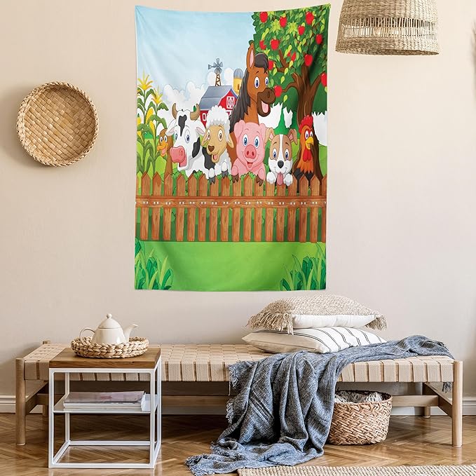 Ambesonne Cartoon Tapestry Queen Size, Composition Farm Animals on Fence Comic Mascots Dog Cow Horse Design, Wall Hanging Bedspread Bed Cover Wall Decor, 88" X 88", Green Multicolor