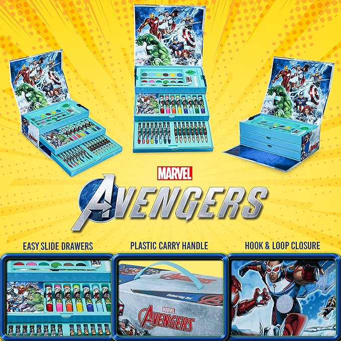 Marvel Art Case for Kids with Colored Pencils Markers Crayons Watercolors Drawing Supplies Travel Art Kit Gifts for Kids (Multicolor Avengers)