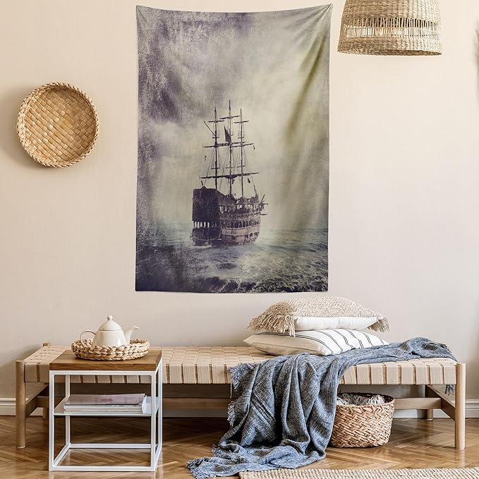 Ambesonne Nautical Tapestry, Old Pirate Ship in the Sea Historical Cruise Retro Voyage Grunge Style Art, Fabric Wall Hanging Decor for Bedroom Living Room Dorm, 23" X 28", Tan Plum