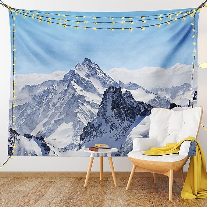 Ambesonne Winter Tapestry, Snowy Rocky Mountain Peaks Tops Scene High Lands ICY Frozen Swiss Outdoor Art, Fabric Wall Hanging Decor for Bedroom Living Room Dorm, 28" X 23", Blue and White