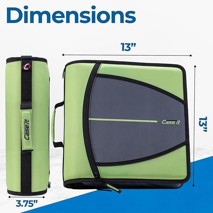 Case-it Mighty Zip Tab School Zipper Binder | 3-Inch O-Rings, 600-Sheet Capacity, 5-Subject Expanding File Folder, Multiple Pockets & Storage Organizer, Shoulder Strap | D-146 Key Lime