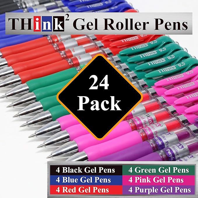 [24 Pens - 4Black, 4Blue, 4 Red, 4 Green, 4 Pink, 4Purple Ink] Think2 Retractable Gel Pens. Assorted Colors Fine Point (0.5mm) Rollerball Pens with Comfort Grip.