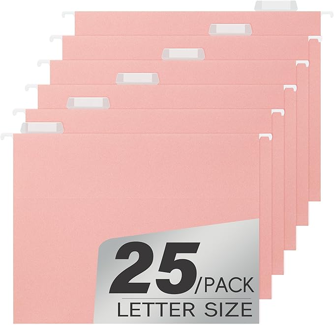 Extra Capacity Hanging File Folders,25 Pack Reinforced Letter Size Pink Hanging Folders with Heavy Duty,Designed for Bulky Files,Medical Charts,Assorted Colors