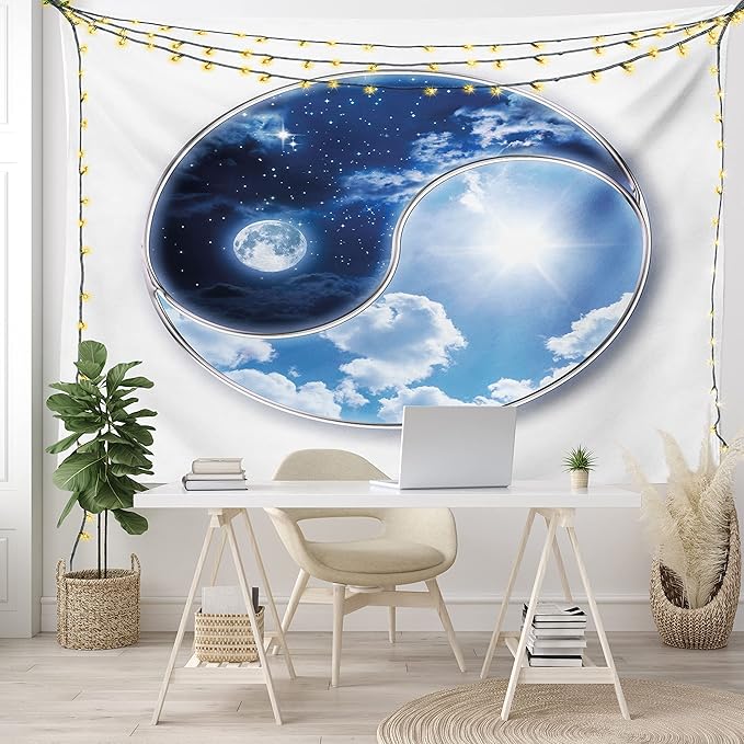 Ambesonne Space Tapestry, Yin Yang World Moon and Sun Harmony of the Universe Art Print, Fabric Wall Hanging Decor for Bedroom Living Room Dorm, 28" X 23", Navy Blue Sky Blue White