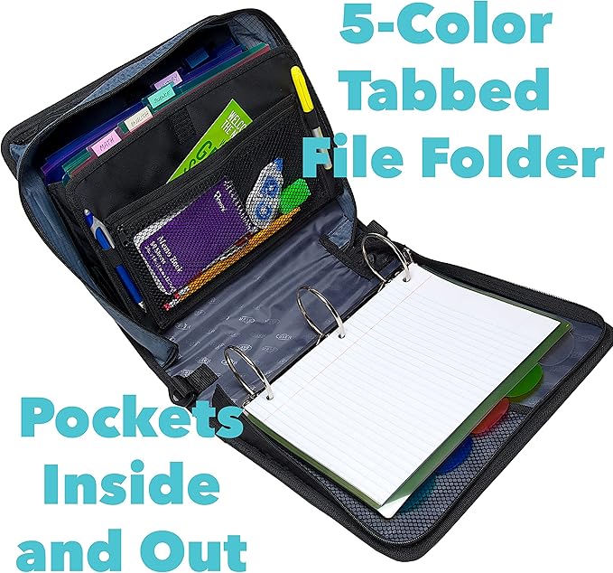 Case-it Mighty Zip Tab School Zipper Binder | 3-Inch O-Rings, 600-Sheet Capacity, 5-Subject Expanding File Folder, Multiple Pockets & Storage Organizer, Shoulder Strap | D-146 Purple