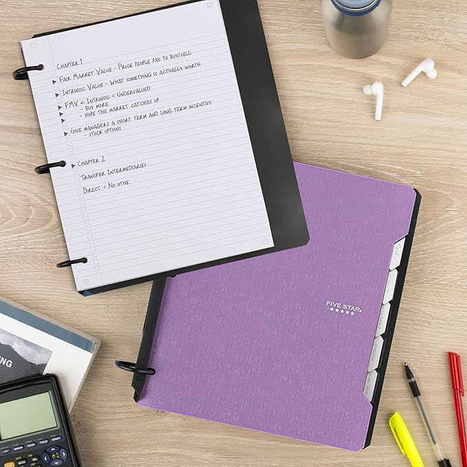 Five Star Flex Refillable Notebook + Study App, College Ruled Paper and 1-1/2 Inch TechLock Ring Binder with Pockets, Tabs and Dividers, 300 Sheet Capacity, Amethyst Purple (29324AB6) (Pack of 6)