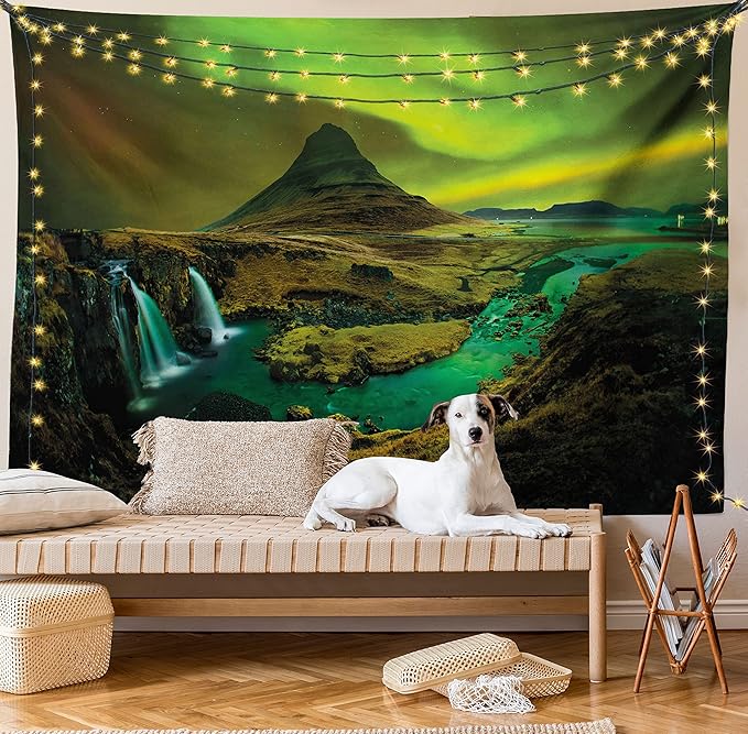 Ambesonne Aurora Borealis Tapestry, Pale Weather over the Hills Waterfall Creek Nature Landscape, Fabric Wall Hanging Decor for Bedroom Living Room Dorm, 45" X 30", Olive Green
