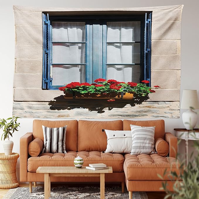 Ambesonne Country Tapestry, Mediterranean Style Window Open Shutters Image French Urban Life Theme Print, Fabric Wall Hanging Decor for Bedroom Living Room Dorm, 30" X 45", Blue Grey