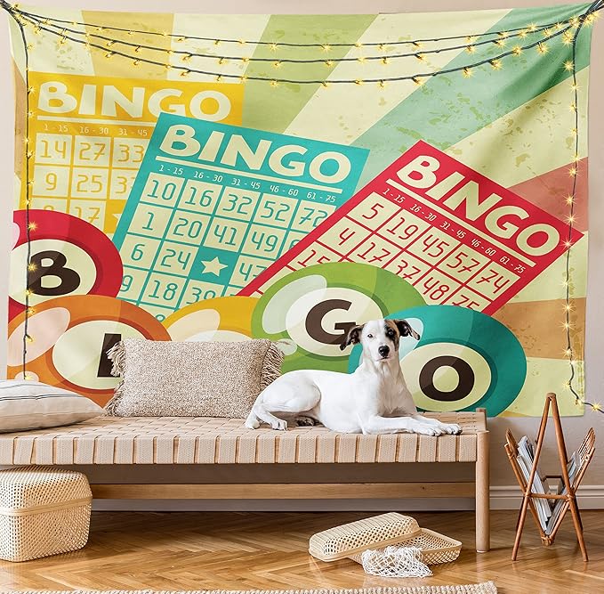 Ambesonne Vintage Tapestry, Bingo Game with Ball and Cards Pop Art Lottery Hobby Celebration Theme, Fabric Wall Hanging Decor for Bedroom Living Room Dorm, 45" X 30", Teal Multicolor