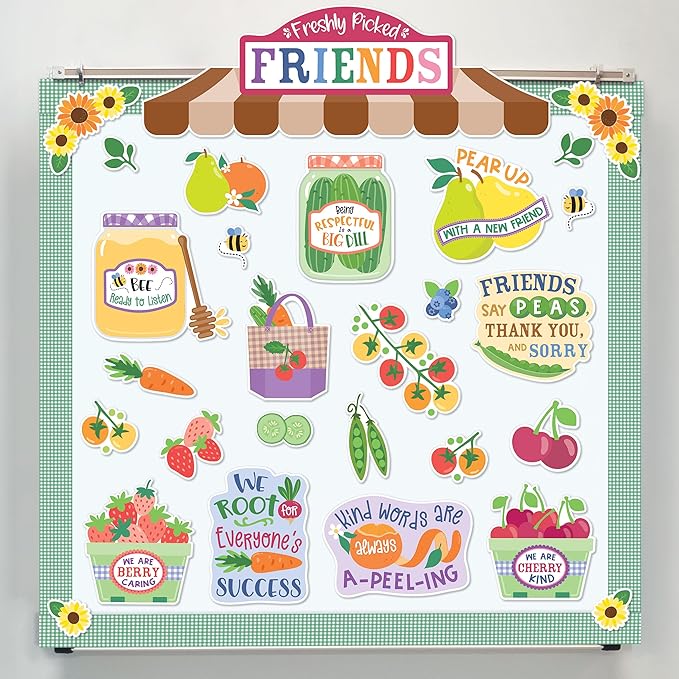 Carson Dellosa Freshly Picked Friends 41pc Bundle Bulletin Board Set, Colorful Cardstock Banner, Fruit Name Labels, Farmers Market Theme Decorations for Homeschool and Classroom Decor