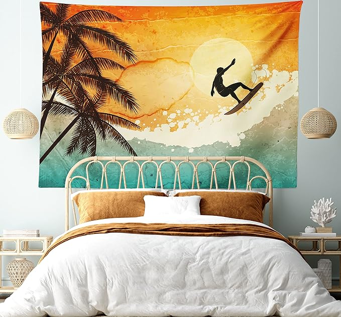Ambesonne Grunge Tapestry King Size, Illustration of Tropical Island Surfer on Sea Waves and Palms at Sunset, Wall Hanging Bedspread Bed Cover Wall Decor, 104" X 88", Orange Turquoise Black