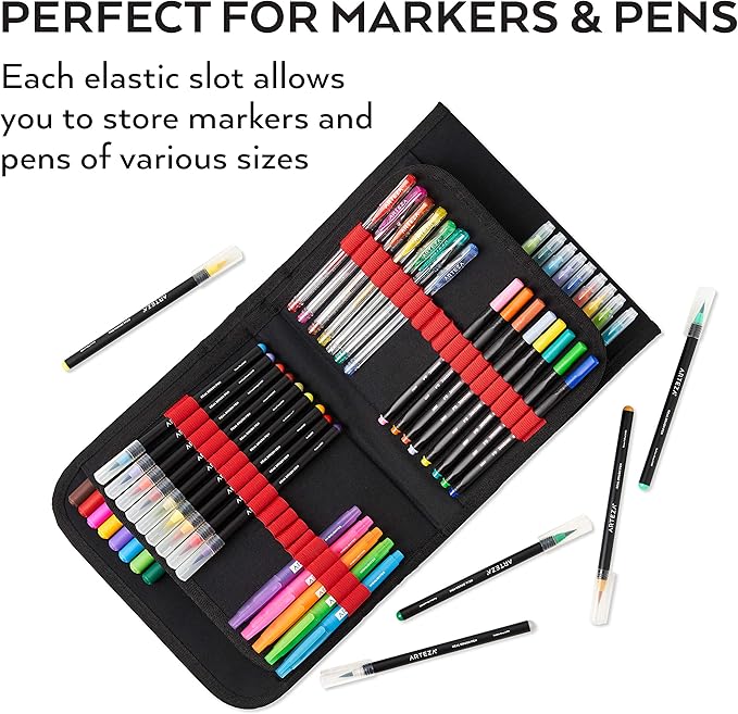 ARTEZA Marker Pen Organizer Case, 108 Slots, Removable Baldric, Zipper Pocket and Carrying Handle, for Drawing Markers and Pens, Art Supplies for Artists and Hobby Painters