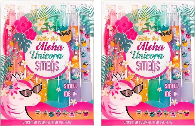 Glitter Gel Smens (2 Pack) - Aloha Unicorn Scented Pens, Colored Glitter Gel Ink, Medium Point, 8 Count
