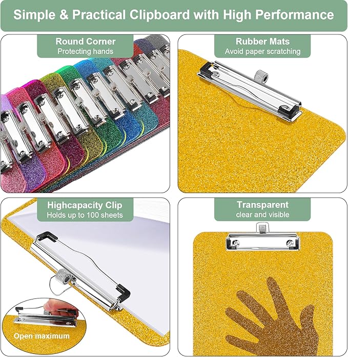 SFLHHDM Clear Glitter Clipboards, Plastic Clipboard with Pen Holder, Clip Boards 8.5x11 with Low Profile Clip, Cute Hanging Clip Board for Office School Supplies Sparkly Clipboard (Champagne Gold)