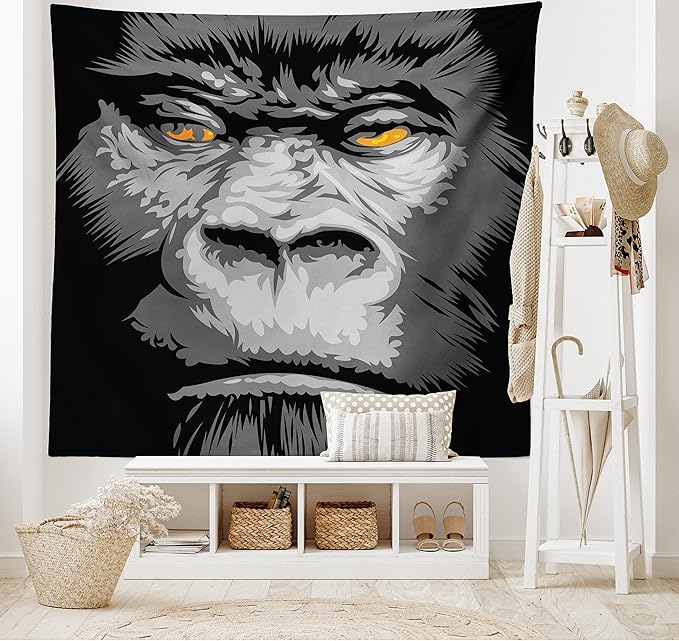 Ambesonne Modern Tapestry, Close up Gorilla Portrait with Orange Eyes Zoo Jungle Animal Wild Money Graphic, Fabric Wall Hanging Decor for Bedroom Living Room Dorm, 23" X 28", Grey Marigold
