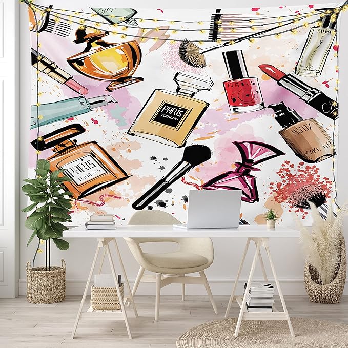 Ambesonne Fashion Tapestry, Cosmetic and Makeup Theme Pattern Perfume Lipstick Nail Polish Brush Modern, Wide Wall Hanging for Bedroom Living Room Dorm, 80" X 60", Coral White