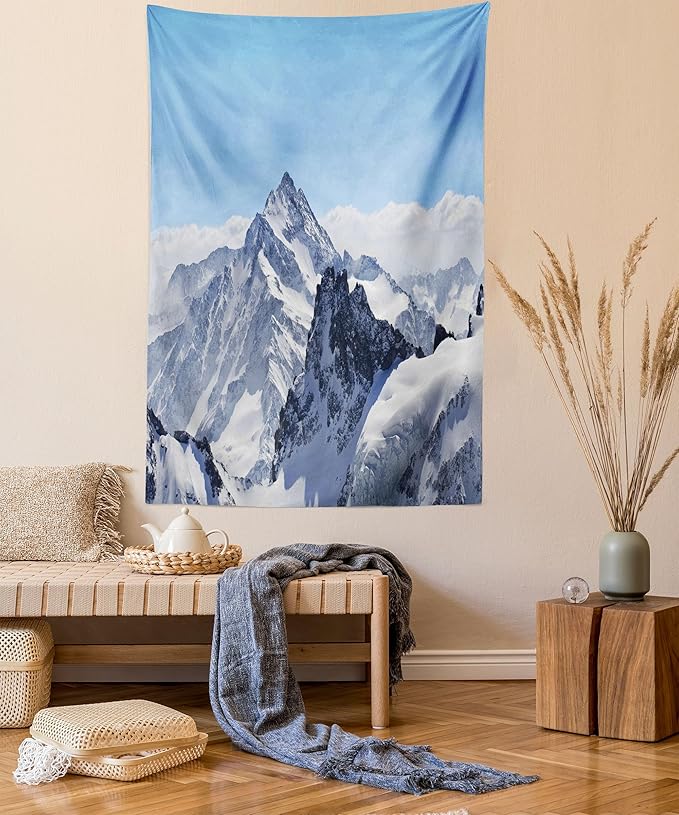 Ambesonne Winter Tapestry, Snowy Rocky Mountain Peaks Tops Scene High Lands ICY Frozen Swiss Outdoor Art, Wall Hanging for Bedroom Living Room Dorm Decor, 60" X 80", Blue and White
