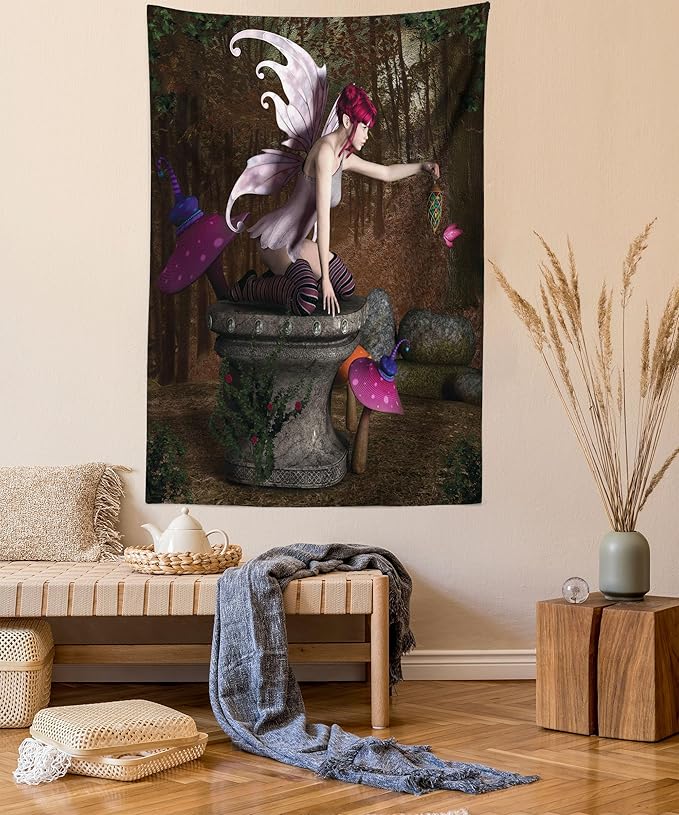 Ambesonne Tale Tapestry, Dimensional Mythical Creature Design Artifact on Pedestal Forest Print, Fabric Wall Hanging Decor for Bedroom Living Room Dorm, 23" X 28", Red Purple Grey