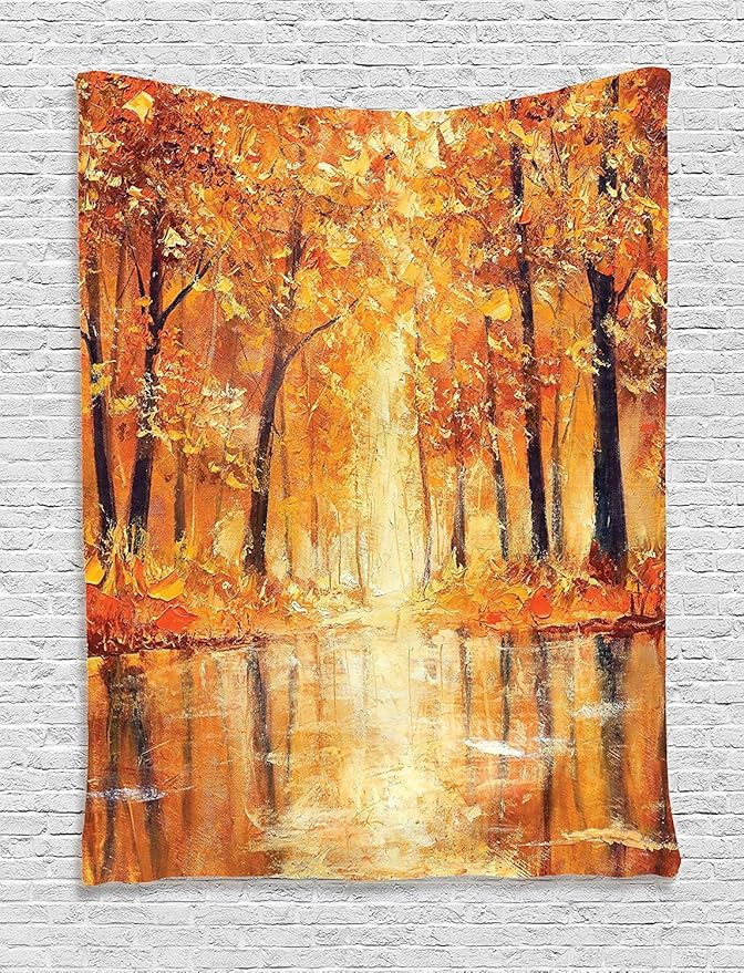 Ambesonne Country Tapestry, Painting of a Forest by The Small Lake in Autumn Pale Fall Trees and Leaves Art, Wall Hanging for Bedroom Living Room Dorm Decor, 40" X 60", Brown Orange