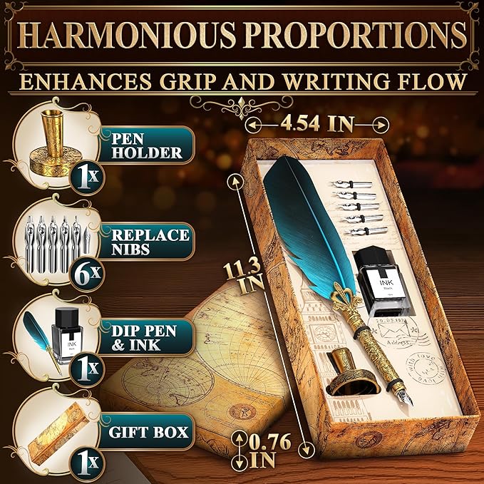 Vintage Feather Quill Pen and Ink Set - Blue Feather Pen and Ink Set, Writing and Drawing Tools with Stainless Steel Nib - Elegant Vintage Style Calligraphy Kit for Creative Hand Lettering