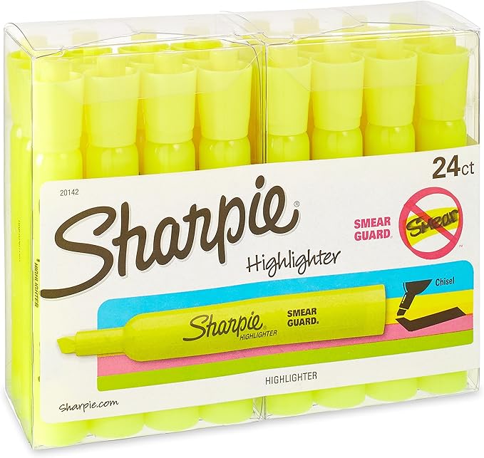 Sharpie Tank Style Highlighters, Chisel Tip, Fluorescent Yellow, 24 Count