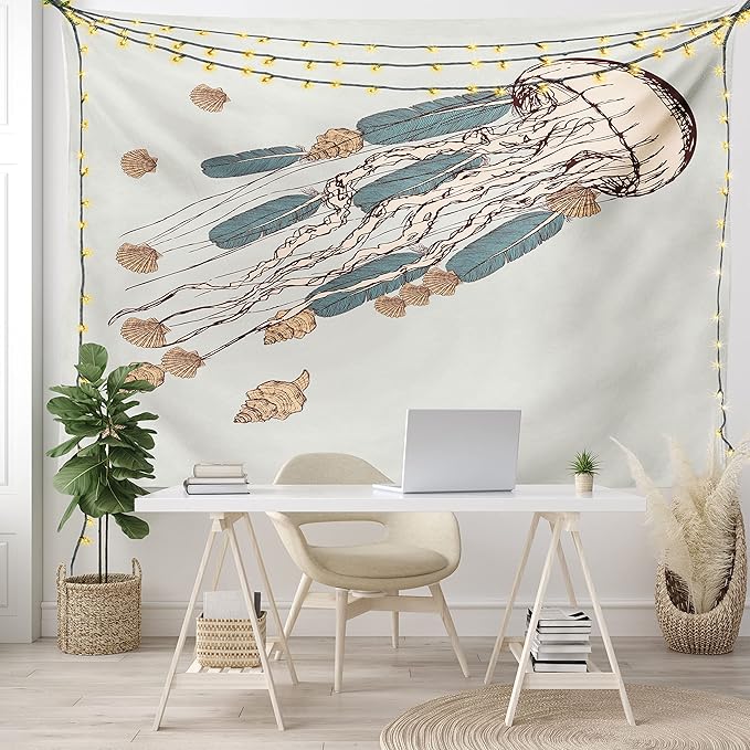 Ambesonne Jellyfish Tapestry, Boho Feather Tentacles Shells Vintage Art Print Under the Sea Tribal Fish, Fabric Wall Hanging Decor for Bedroom Living Room Dorm, 28" X 23", Beige Brown