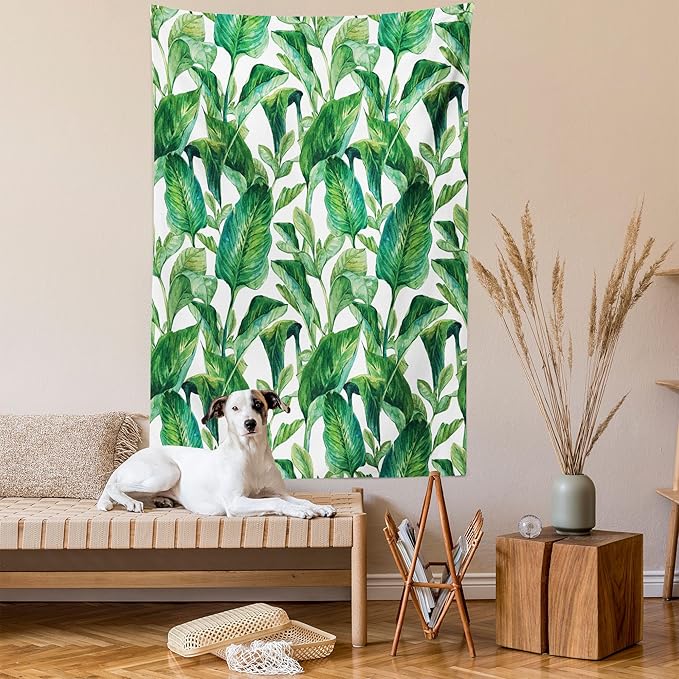 Ambesonne Leaf Tapestry Twin Size, Romantic Holiday Island Hawaiian Banana Trees Watercolored Image, Wall Hanging Bedspread Bed Cover Wall Decor, 68" X 88", Forest Green