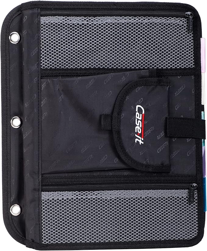 Case It 5-Tab Binder Accessory, 5-colored tabbed, 6 pocket expanding file, fits any standard 3 ring letter size binder, additional zippered mesh pockets for pen storage, ACC-21, Black