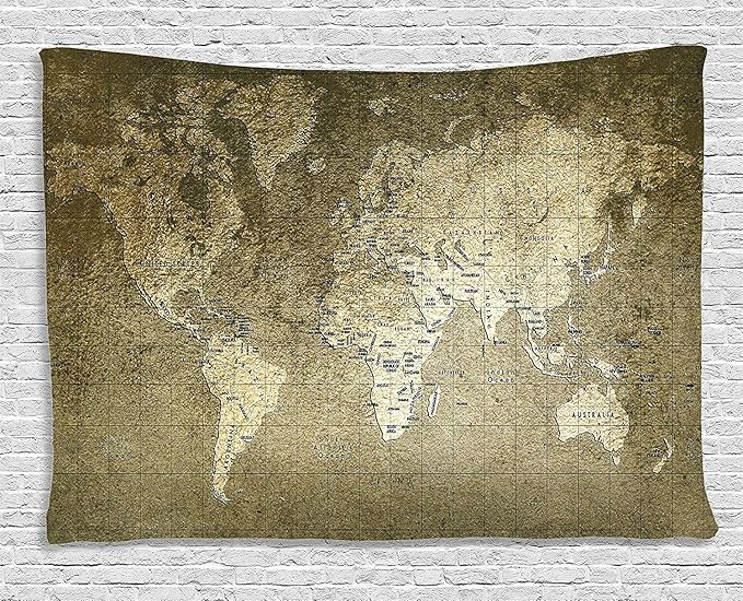 Ambesonne Antique Tapestry, Old World Map Texture Nostalgic Plan Atlas Trace of Life, Wide Wall Hanging for Bedroom Living Room Dorm, 60" X 40", Khaki Beige