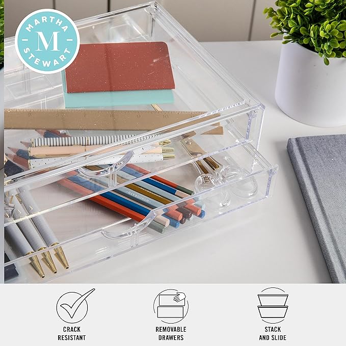 Martha Stewart Brody Desk Organizer with 2 Drawers, Stackable Plastic Desk Storage Box, Organizer for Office, Bathroom, Countertop or Dorm, 12.75" x 7.75", Clear