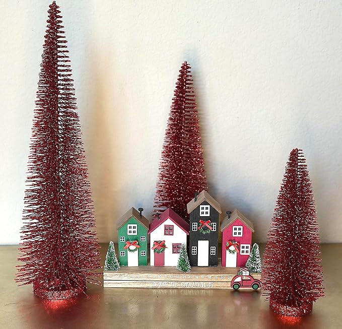 RAZ Imports Set of 3 Bottle Brush Trees – 17”, 14”, 9” Modern Christmas Holiday Winter Décor – Glittery Tabletop Mini Trees for Home Office Shelf Desk Mantel Fireplace Decoration (Red Glittered)
