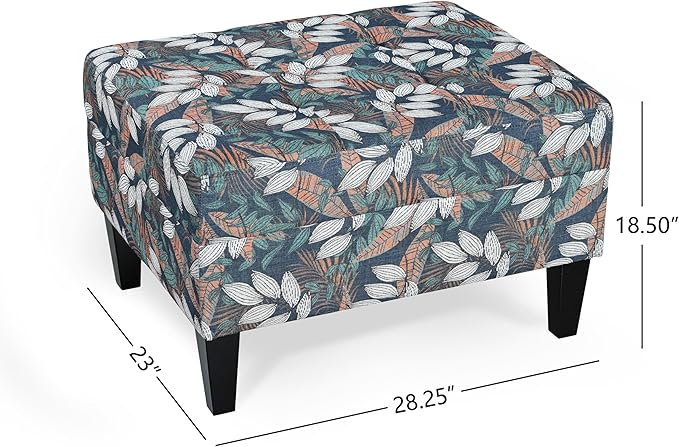 Christopher Knight Home Fabric Ottoman Footrest Rectangular Upholstered Non Storage Ottoman Foot Rest Stool with Tufted Stitching, 28.25 "W x 23 "D x 18.5 "H, Leaf Printed