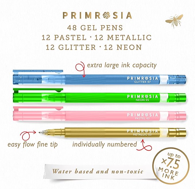 Primrosia 48 Gel Pens, inc. Metallic, Pastel, Glitter & Flourescent for Adult Coloring Book & Dot Grid Journal Pens. No-Bleed-Through in a Variety of Shades, 7.5x More Ink Fine Point Markers Set
